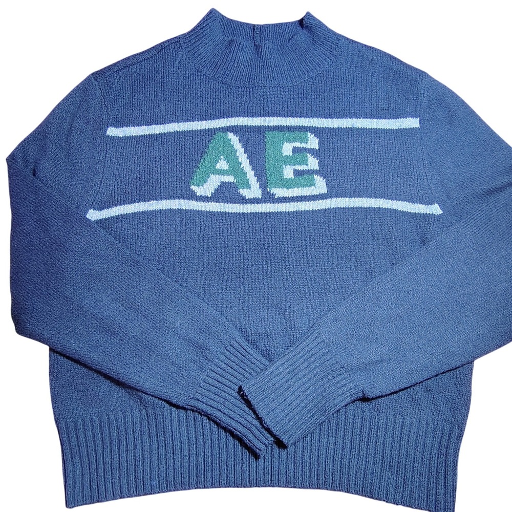 American Eagle Womens XL AE‎ Logo Mock Neck Sweater Blue Cotton Blend Collegiate